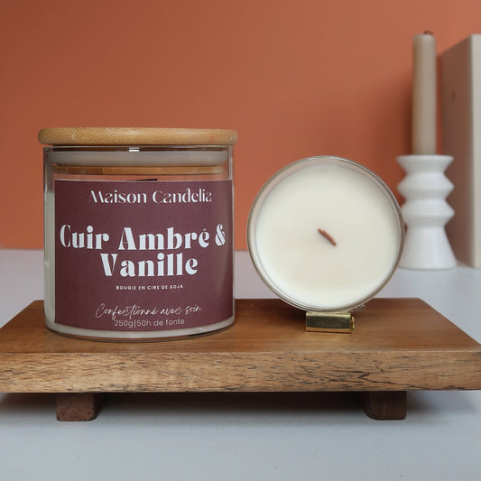 Bougie parfumée artisanale Cuir Ambré & Vanille – Maison Candelia