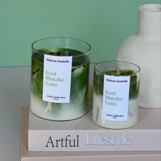 Bougie parfumée iced matcha latte Candelia Café en 170g et 350g effet boisson glacée réaliste