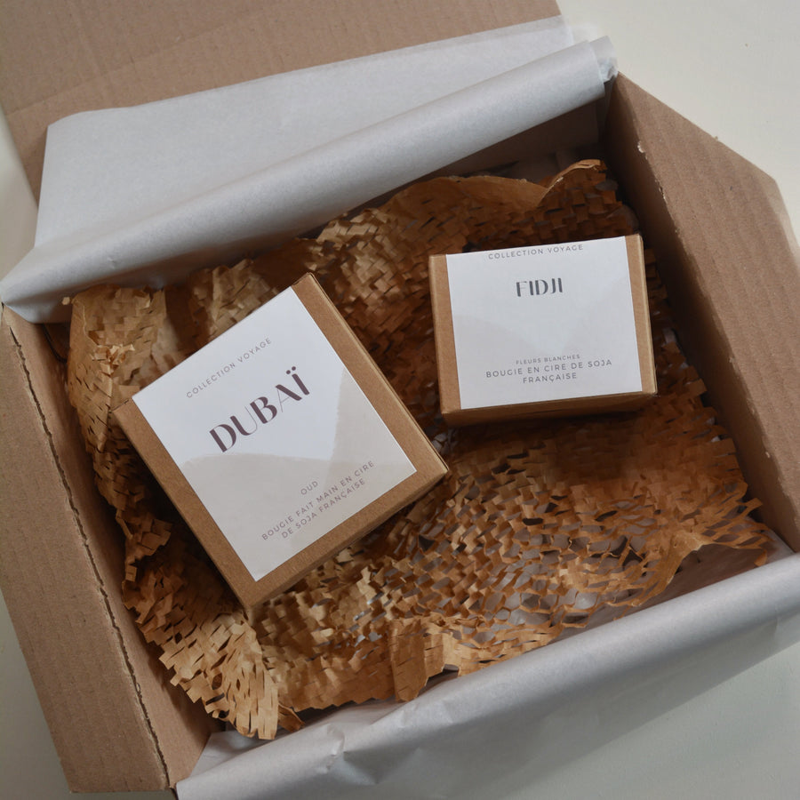 Coffret Duo Bougies Voyage — 250g + 130g | Cire de Soja | Jesmonite | Maison Candelia