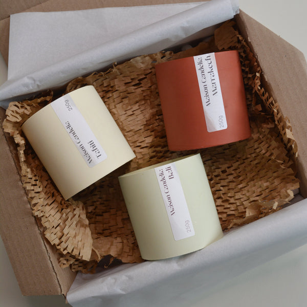 Trio Voyage — 3 Bougies Jesmonite 250g | Coffret Cadeau | Maison Candelia